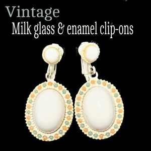 Vintage Unique Milk Glass & Enamel Drop Clip-On Earrings